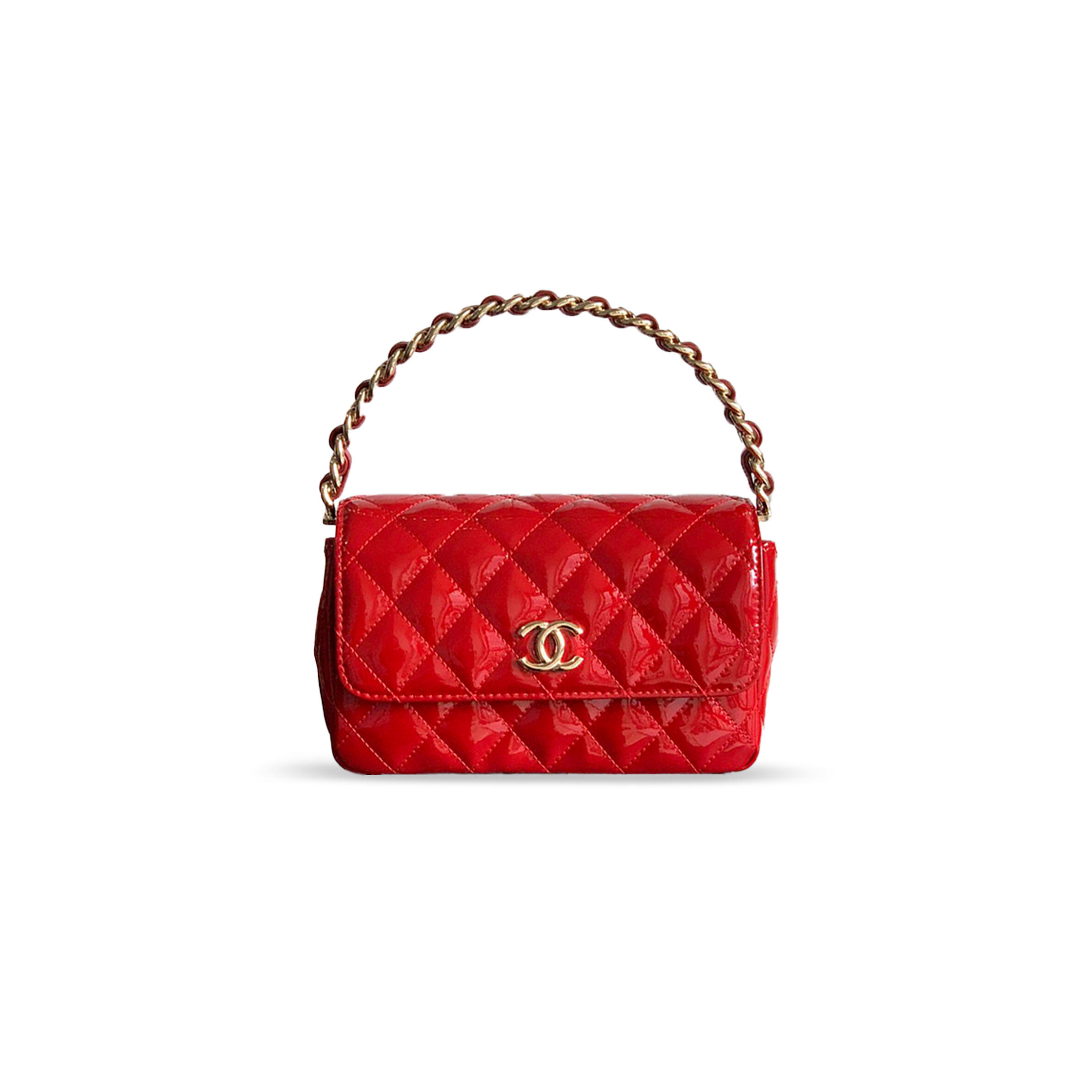 CHANEL HANDLE FLAP BAG PATENT CALFSKIN & GOLD METAL RED 496586 (18.5*10.5*8cm)